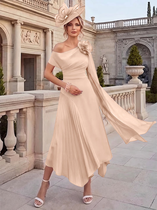 Robes pour mère de la mariée, coupe A ou princesse, une épaule dénudée, en mousseline, longueur cheville, sans manches, asymétriques, avec fleurs 3D