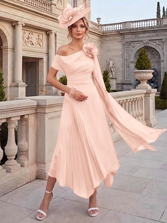 Robes pour mère de la mariée, coupe A ou princesse, une épaule dénudée, en mousseline, longueur cheville, sans manches, asymétriques, avec fleurs 3D