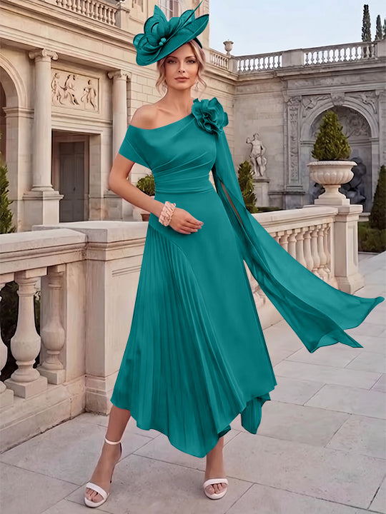 Robes pour mère de la mariée, coupe A ou princesse, une épaule dénudée, en mousseline, longueur cheville, sans manches, asymétriques, avec fleurs 3D