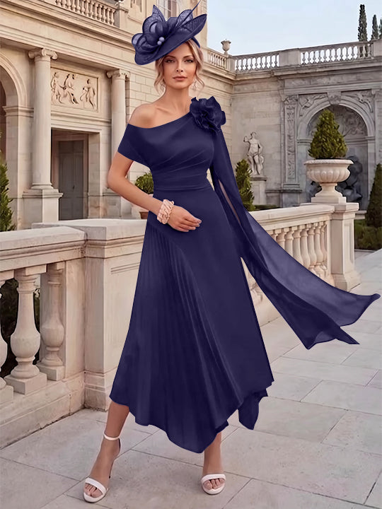 Robes pour mère de la mariée, coupe A ou princesse, une épaule dénudée, en mousseline, longueur cheville, sans manches, asymétriques, avec fleurs 3D