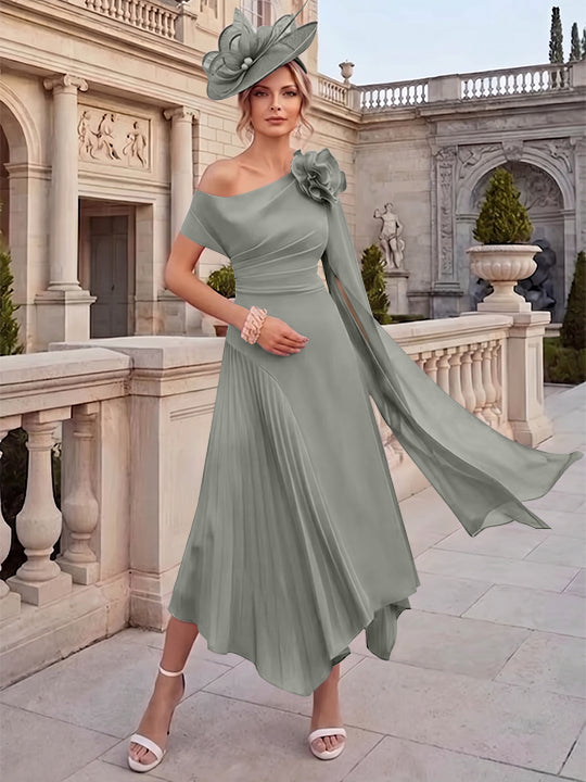 Robes pour mère de la mariée, coupe A ou princesse, une épaule dénudée, en mousseline, longueur cheville, sans manches, asymétriques, avec fleurs 3D
