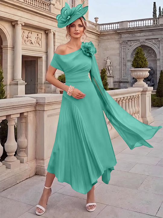 Robes pour mère de la mariée, coupe A ou princesse, une épaule dénudée, en mousseline, longueur cheville, sans manches, asymétriques, avec fleurs 3D
