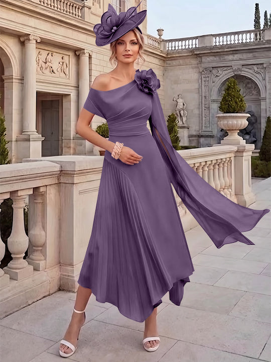 Robes pour mère de la mariée, coupe A ou princesse, une épaule dénudée, en mousseline, longueur cheville, sans manches, asymétriques, avec fleurs 3D