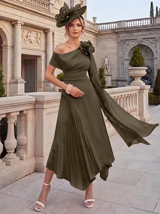 Robes pour mère de la mariée, coupe A ou princesse, une épaule dénudée, en mousseline, longueur cheville, sans manches, asymétriques, avec fleurs 3D