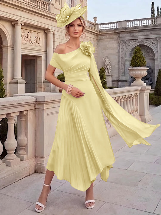 Robes pour mère de la mariée, coupe A ou princesse, une épaule dénudée, en mousseline, longueur cheville, sans manches, asymétriques, avec fleurs 3D