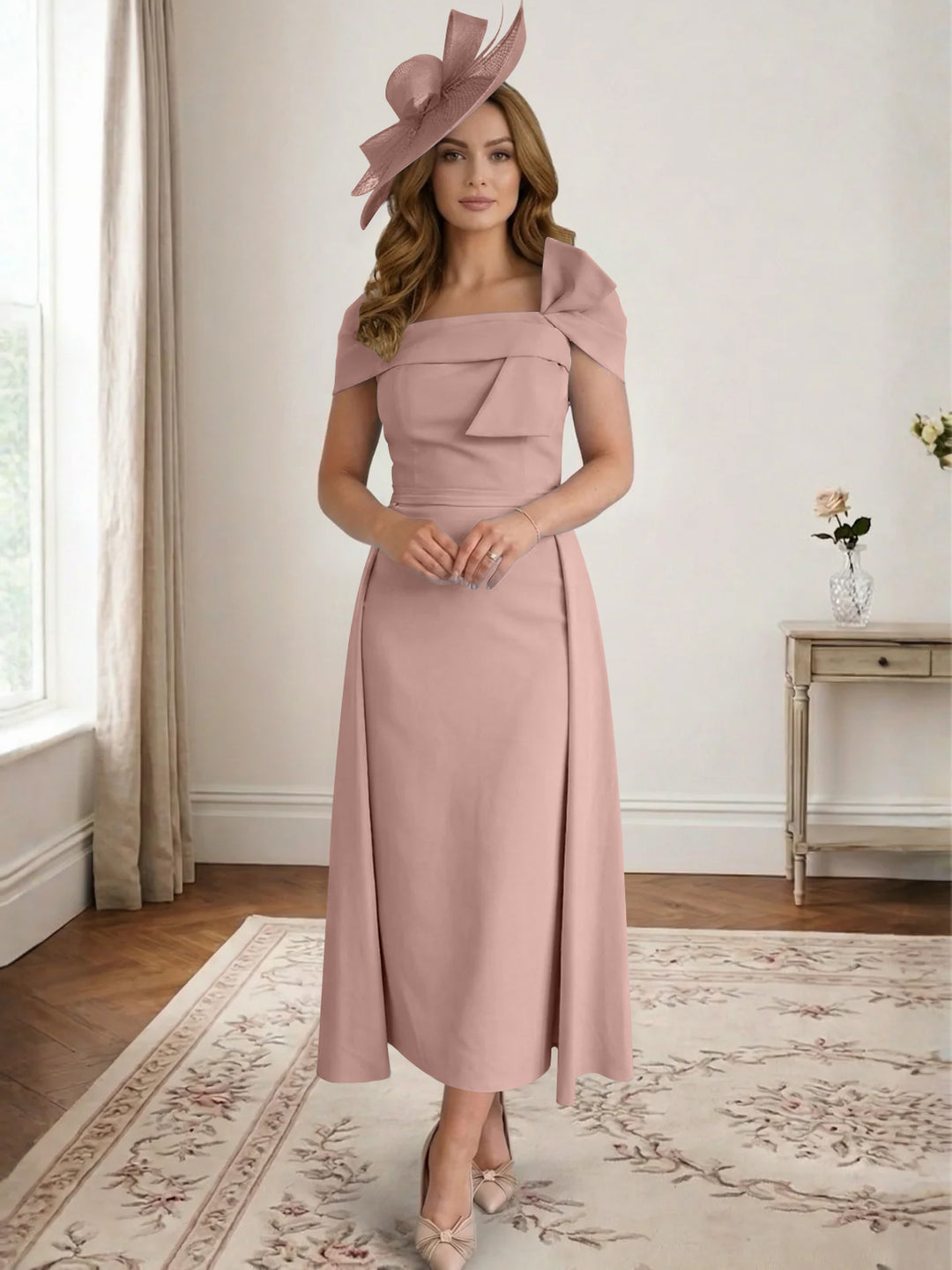 Robe de Mère de la Mariée, Ligne A/Princesse, Satin, Hors de l'Épaule, Longueur Midi, avec Nœud