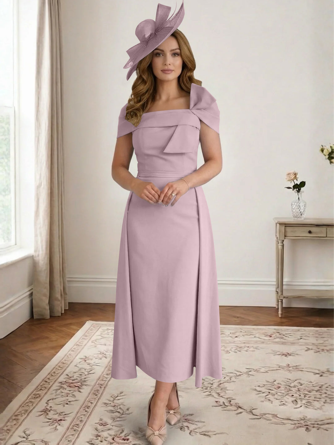 Robe de Mère de la Mariée, Ligne A/Princesse, Satin, Hors de l'Épaule, Longueur Midi, avec Nœud