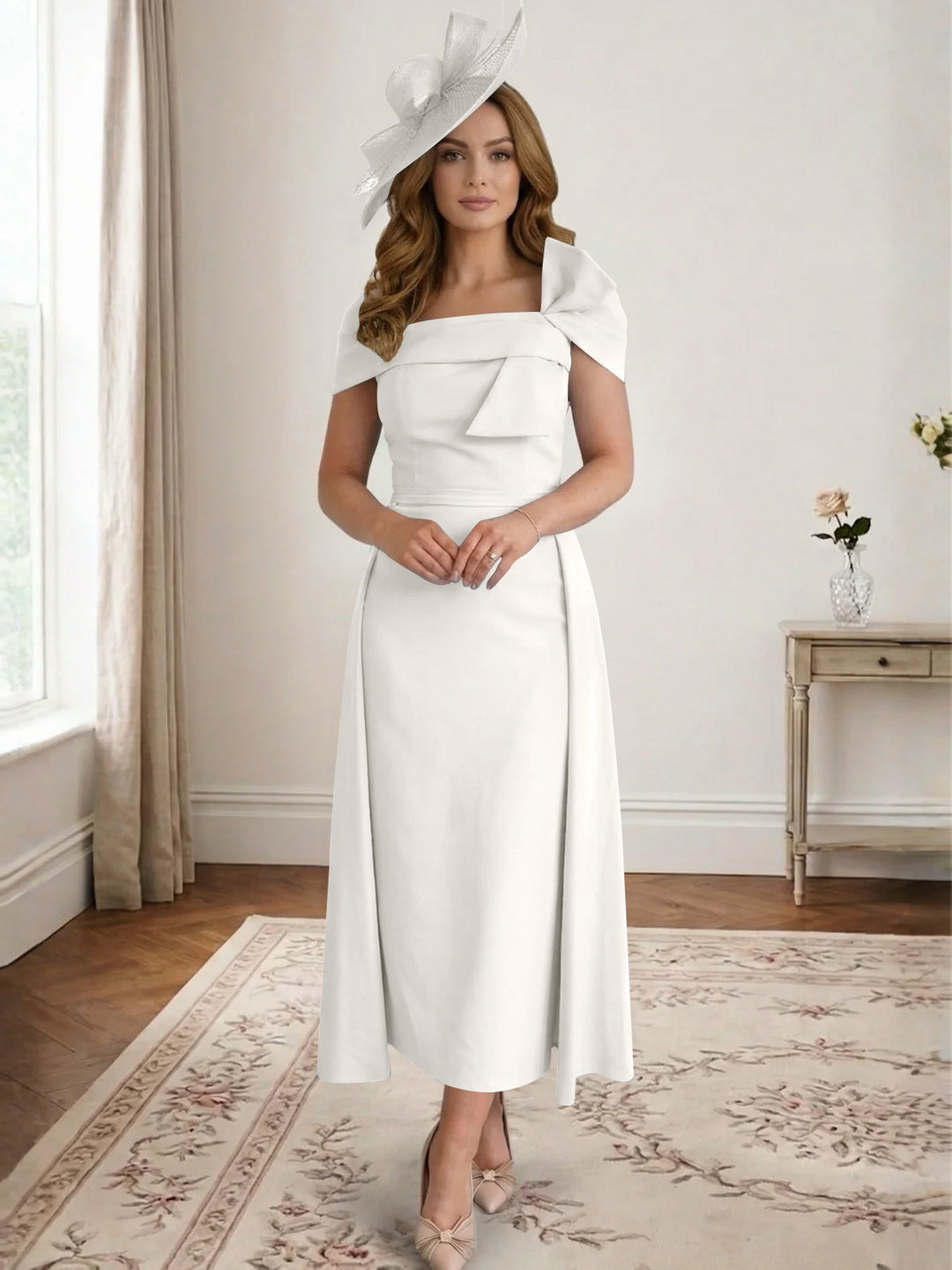 Robe de Mère de la Mariée, Ligne A/Princesse, Satin, Hors de l'Épaule, Longueur Midi, avec Nœud