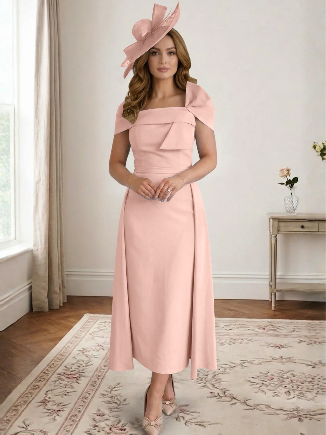 Robe de Mère de la Mariée, Ligne A/Princesse, Satin, Hors de l'Épaule, Longueur Midi, avec Nœud