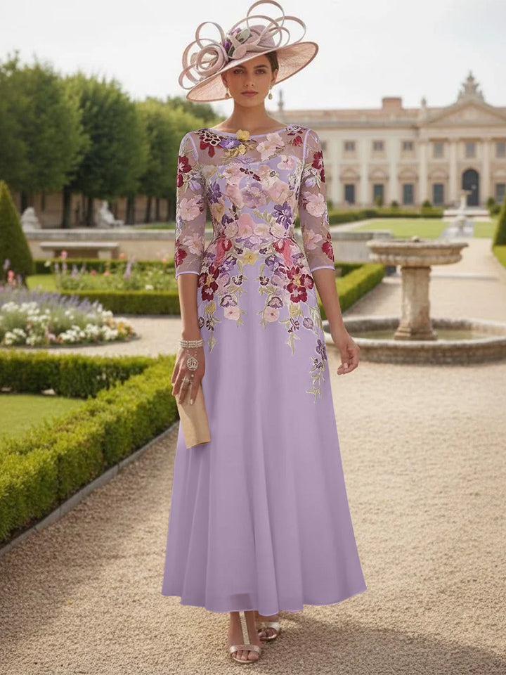Robe Mère de la Mariée Mousseline Ligne A, Col Rond, Manches Mi-Longues, Longueur Cheville, Dentelle et Motifs Floraux