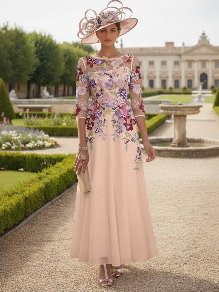 Robe Mère de la Mariée Mousseline Ligne A, Col Rond, Manches Mi-Longues, Longueur Cheville, Dentelle et Motifs Floraux