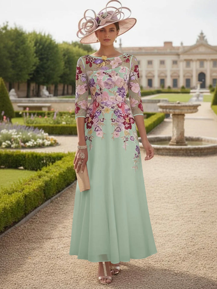 Robe Mère de la Mariée Mousseline Ligne A, Col Rond, Manches Mi-Longues, Longueur Cheville, Dentelle et Motifs Floraux