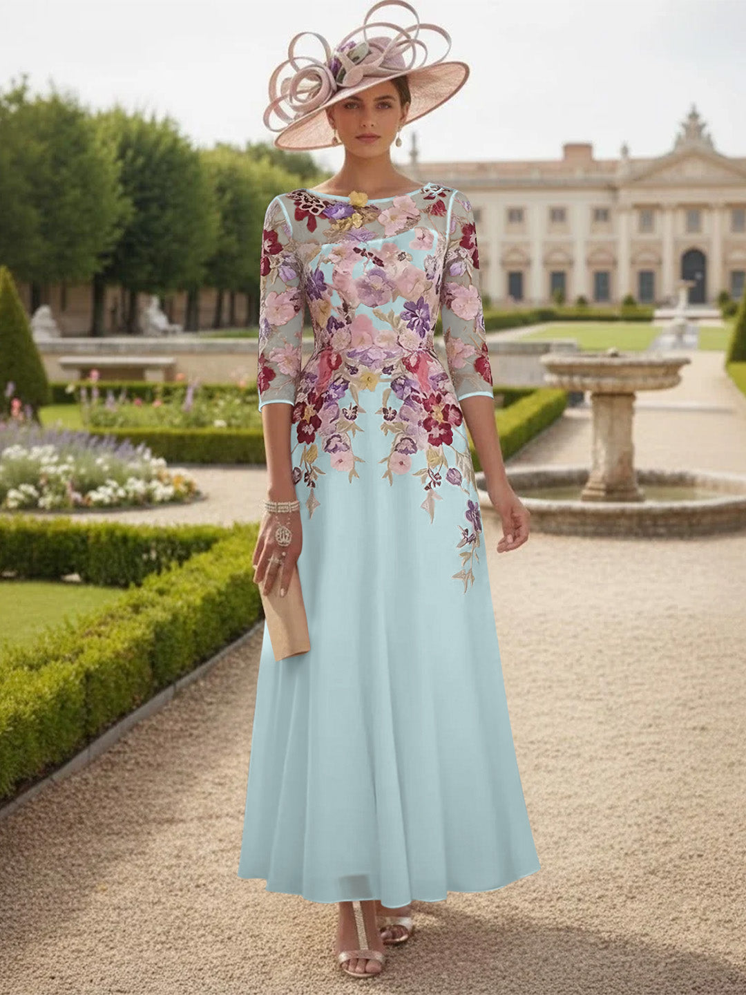 Robe Mère de la Mariée Mousseline Ligne A, Col Rond, Manches Mi-Longues, Longueur Cheville, Dentelle et Motifs Floraux
