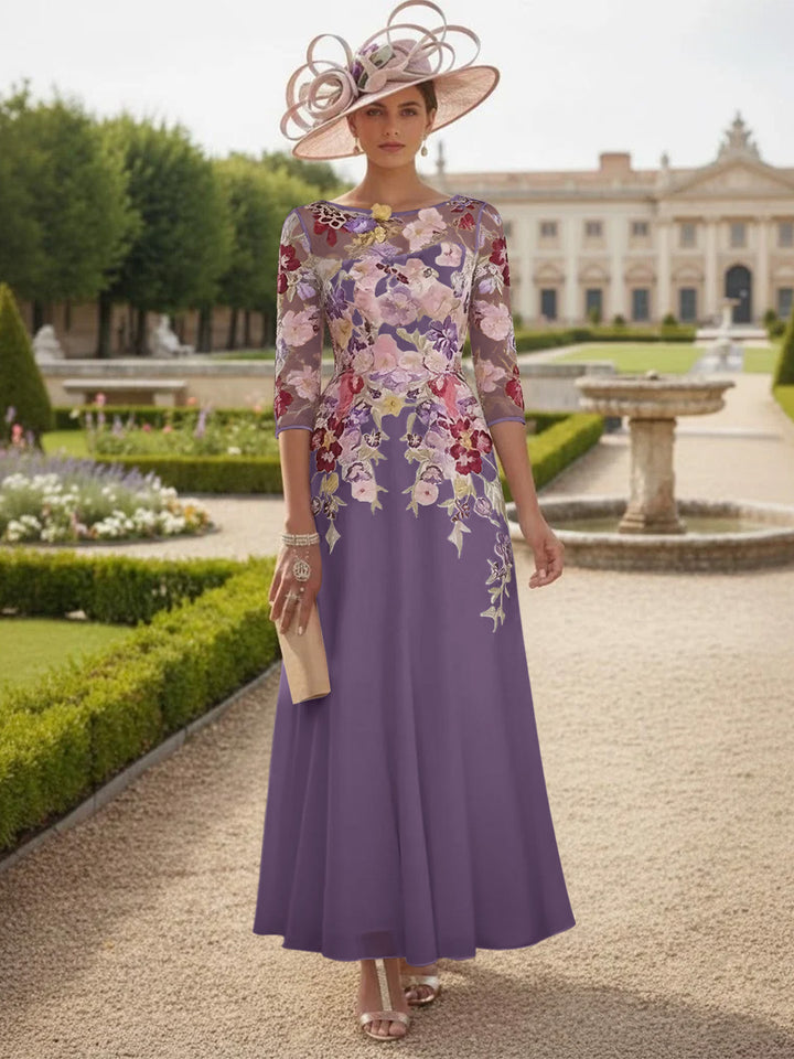 Robe Mère de la Mariée Mousseline Ligne A, Col Rond, Manches Mi-Longues, Longueur Cheville, Dentelle et Motifs Floraux