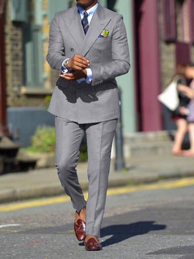 Costume de Mariage 2 Pièces pour Homme, Coupe Standard, Croisé, Six Boutons, Couleur Unie