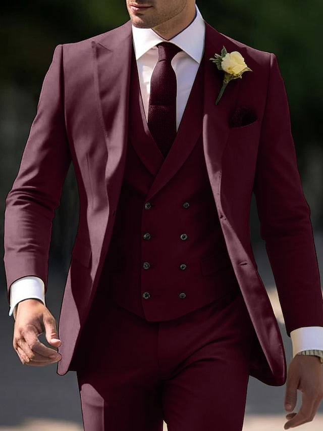 Costumes de Mariage 3 Pièces pour Hommes, Coupe Ajustée, Simple Boutonnage, Deux Boutons