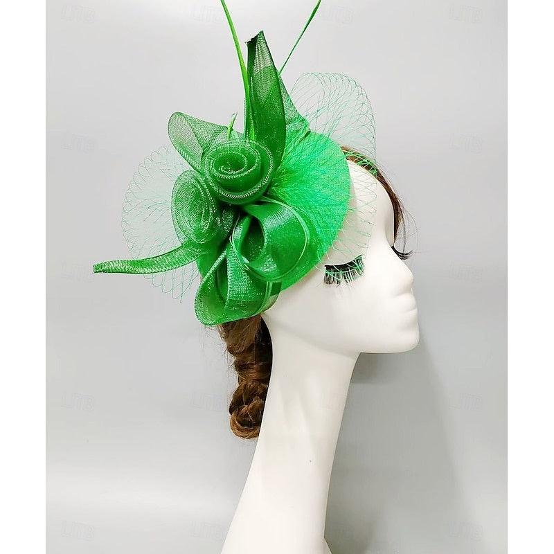 Élégant chapeau à plateau en tulle, coiffe fascinator avec fleur, nœud et nœud papillon