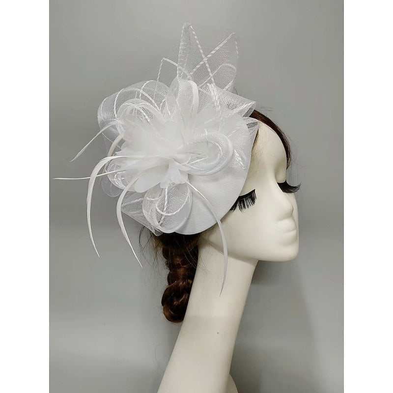 Fascinator élégant voilette type soucoupe, fleur, plume et tulle