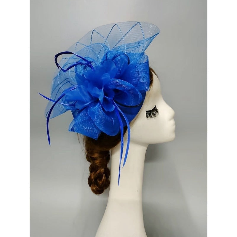 Fascinator élégant voilette type soucoupe, fleur, plume et tulle