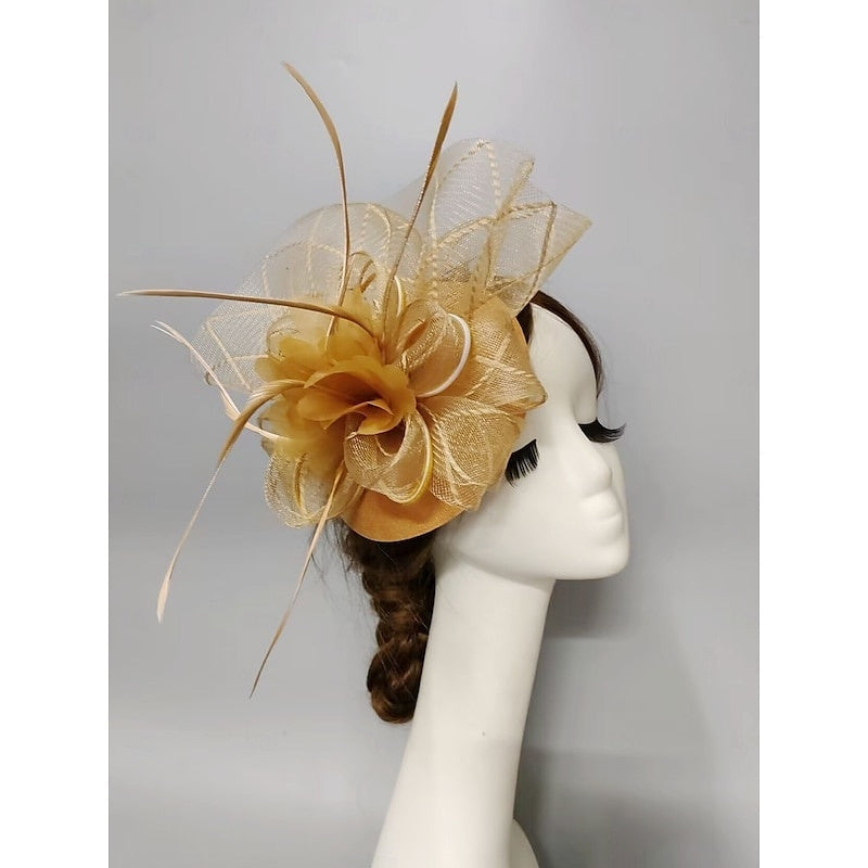 Fascinator élégant voilette type soucoupe, fleur, plume et tulle