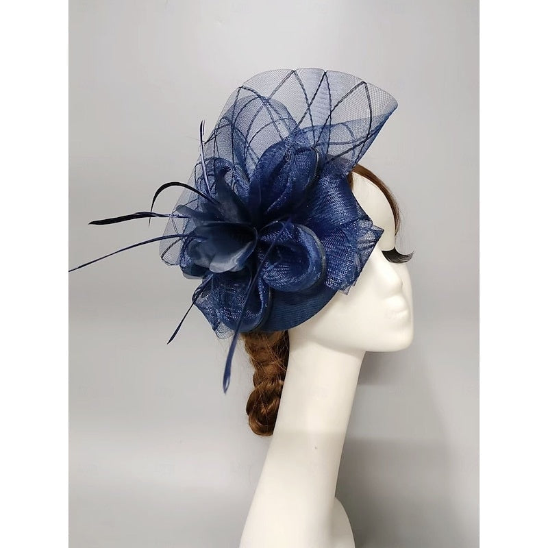 Fascinator élégant voilette type soucoupe, fleur, plume et tulle