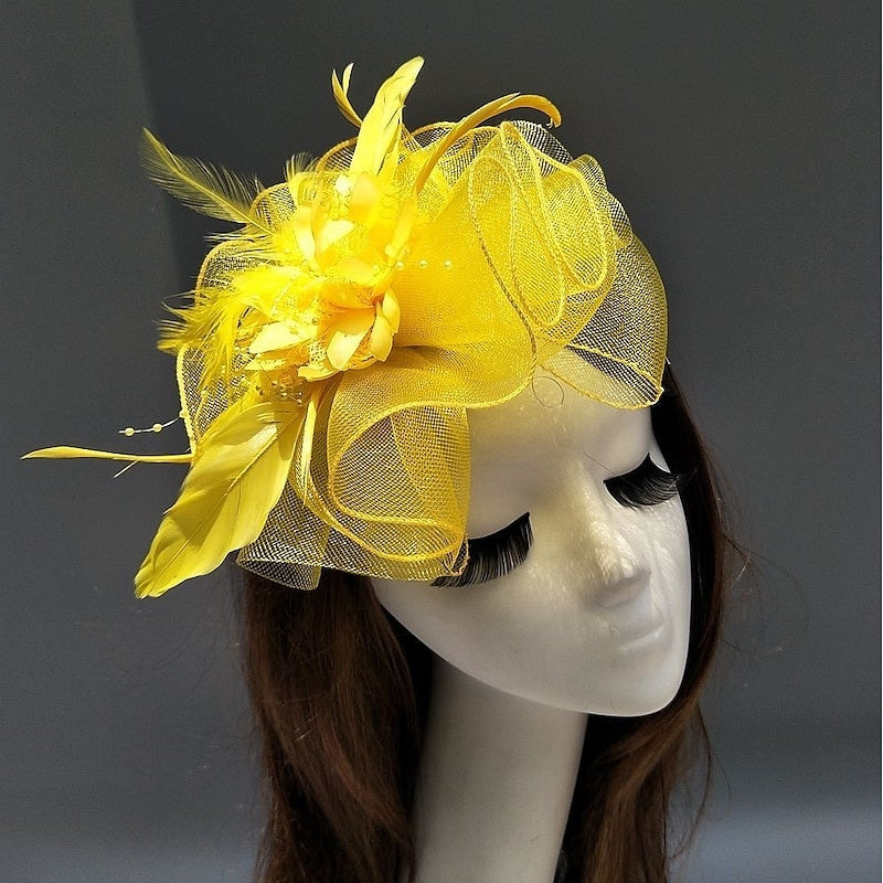 Bibi soucoupe en résille élégant avec fleurs, plumes et perles