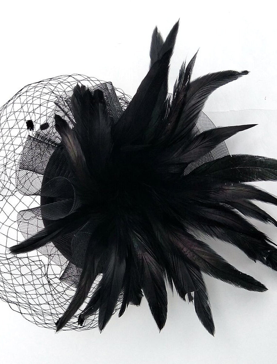 Coiffe à voilette noire avec plumes pour mariage, course hippique et Ladies Day