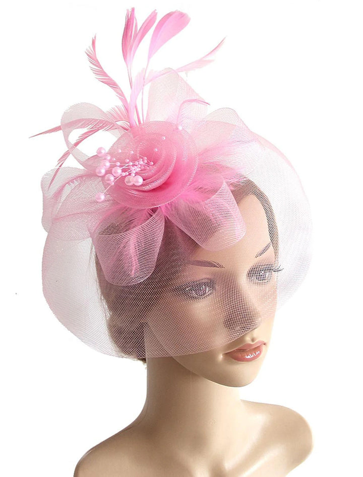 Vintage Organza Course Hippique Cocktail Plume Voile Chapeau/Fascinateur avec Nœud
