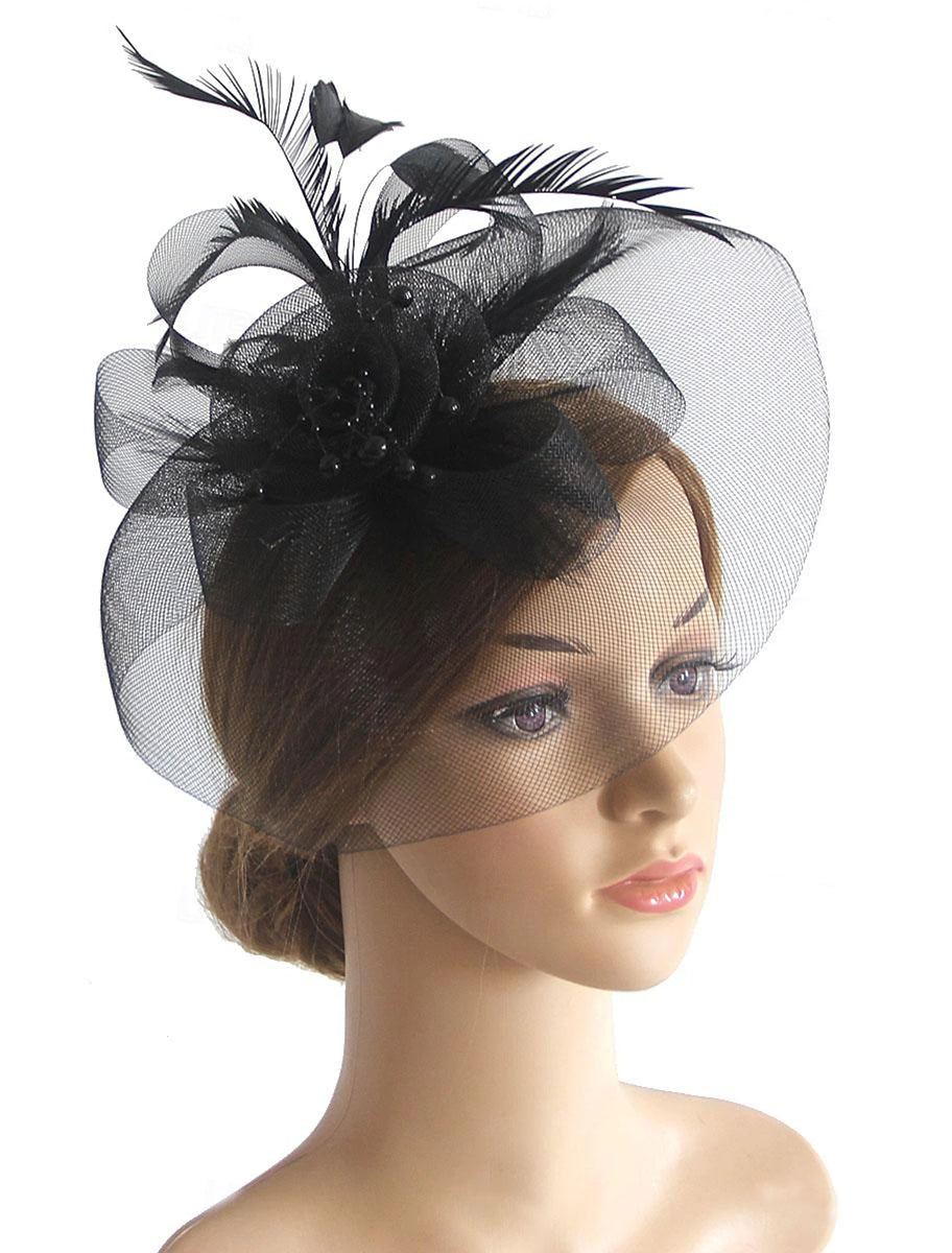 Vintage Organza Course Hippique Cocktail Plume Voile Chapeau/Fascinateur avec Nœud