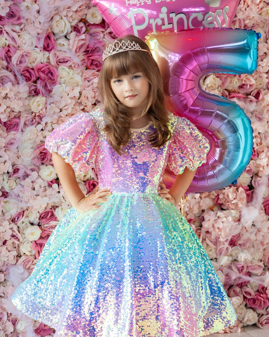 Robe de Bal Princesse Arc-En-Ciel Licorne Paillettes Robes de Fête pour Petite Fille