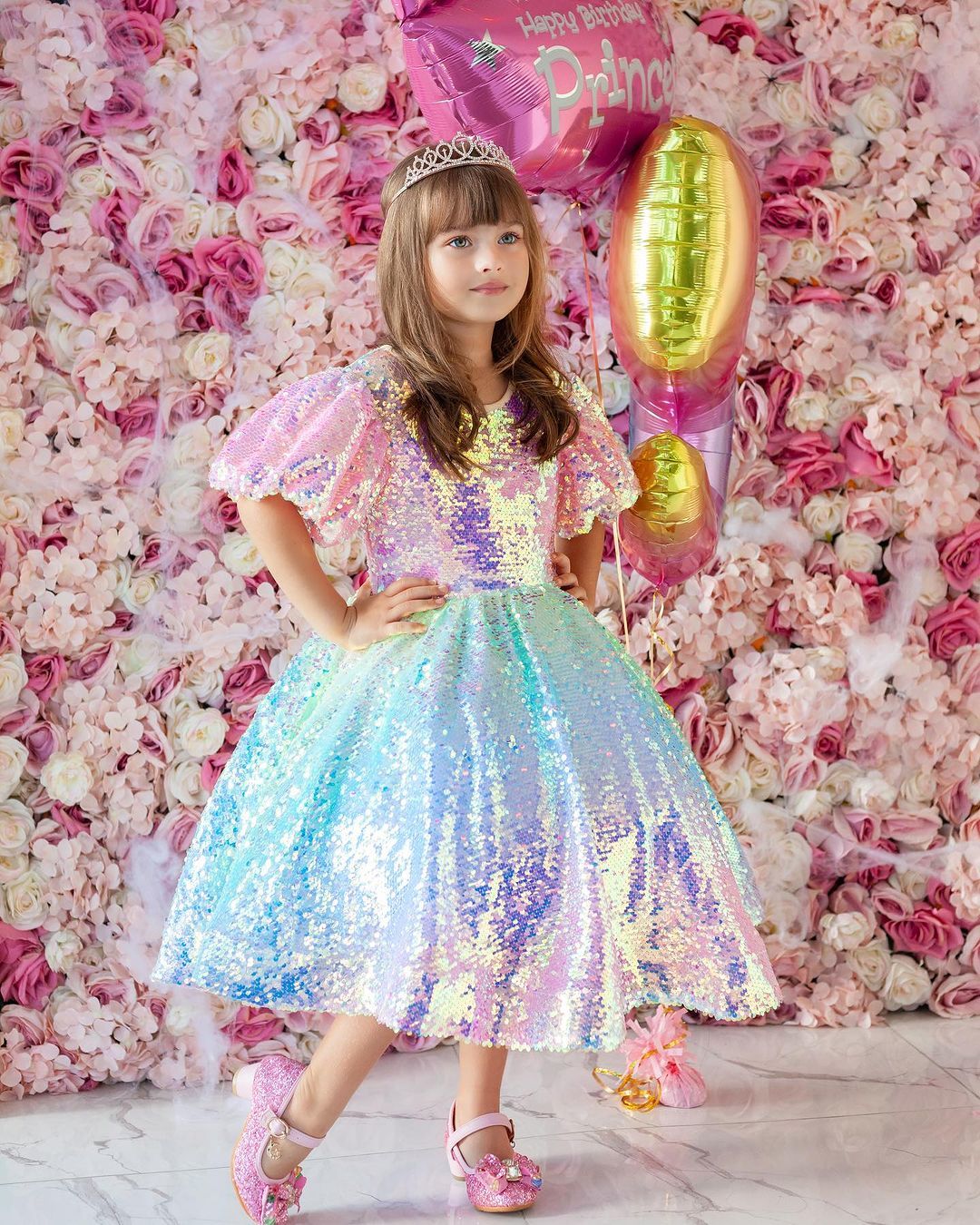 Robe de Bal Princesse Arc-En-Ciel Licorne Paillettes Robes de Fête pour Petite Fille