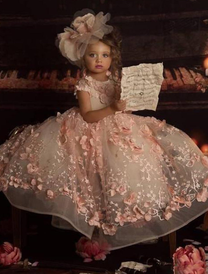 Robe de Bal en Tulle pour Petite Fille avec Motif Floral et Appliques