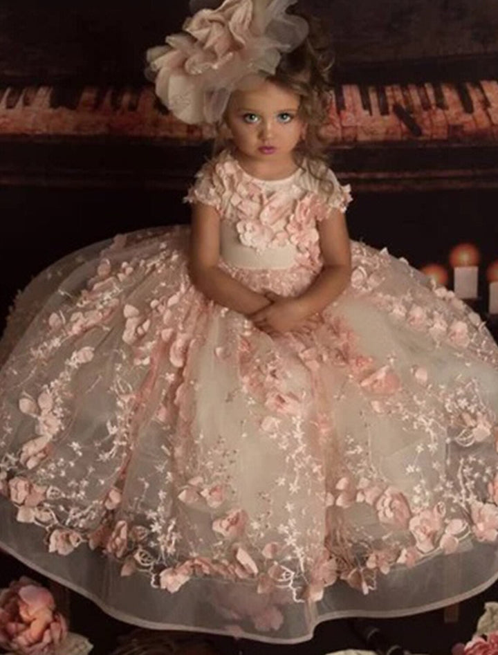 Robe de Bal en Tulle pour Petite Fille avec Motif Floral et Appliques