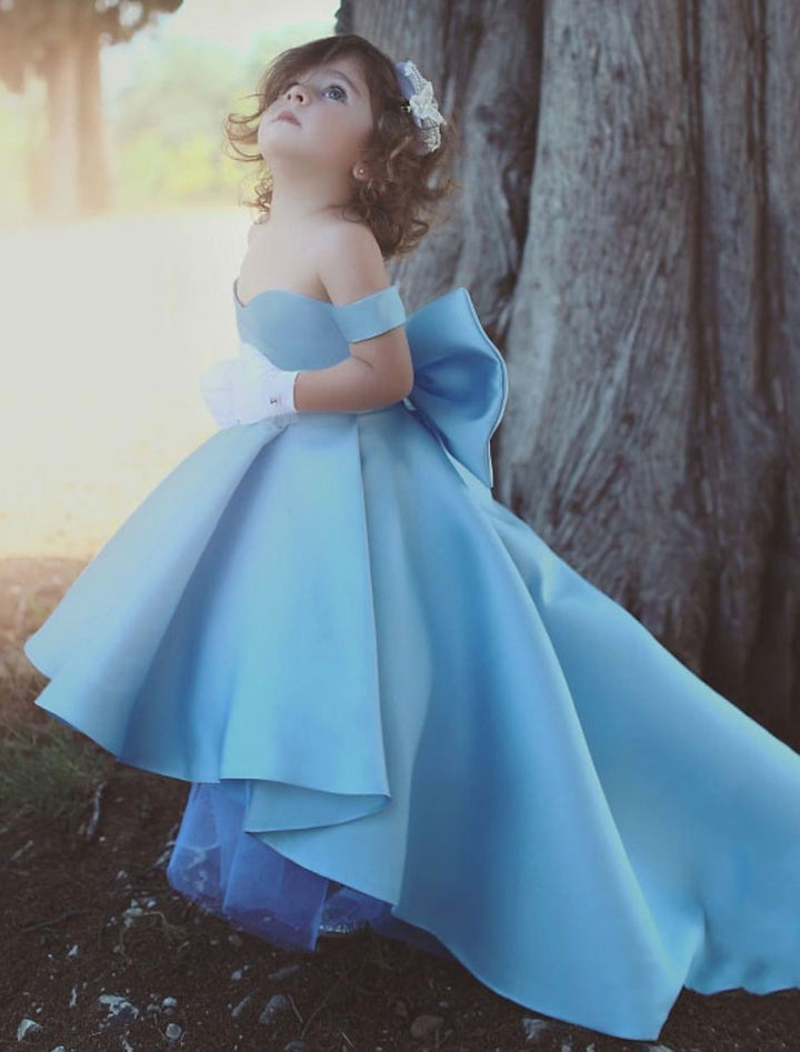 Robe de Petite Fille en Satin à Épaules Dénudées, Coupe A-Line/Princess, avec Nœud