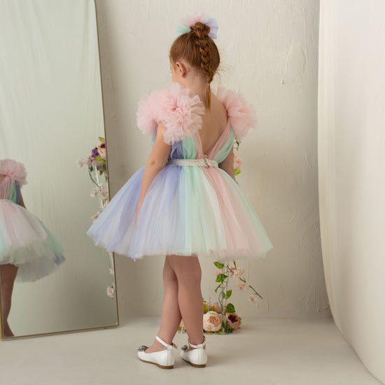 Robe de Bal en Tulle Arc-En-Ciel pour Petite Fille avec Volants