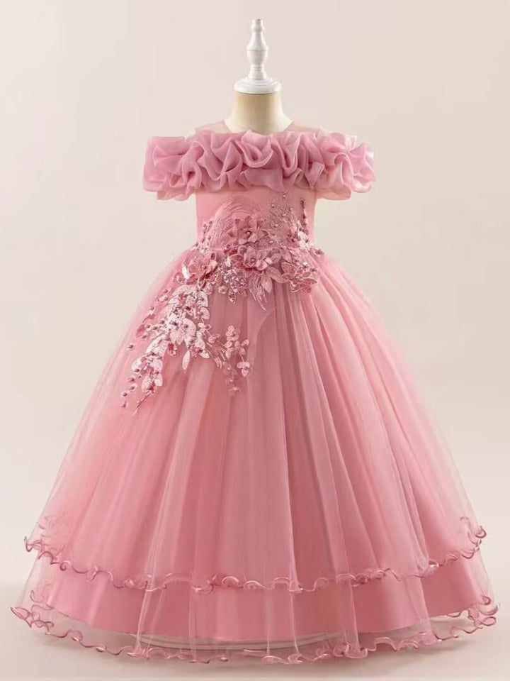 Robe de Bal à Épaules Dénudées Sans Manches pour Demoiselle D'Honneur avec Appliques et Broderies