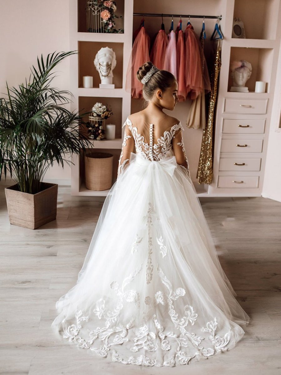 Robe de Bal à Manches Longues en Tulle Blanc pour Fille avec Appliques en Dentelle
