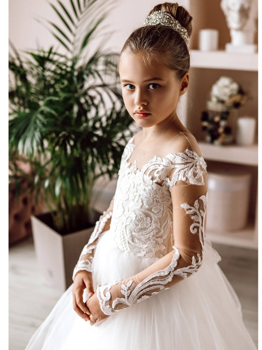 Robe de Bal à Manches Longues en Tulle Blanc pour Fille avec Appliques en Dentelle