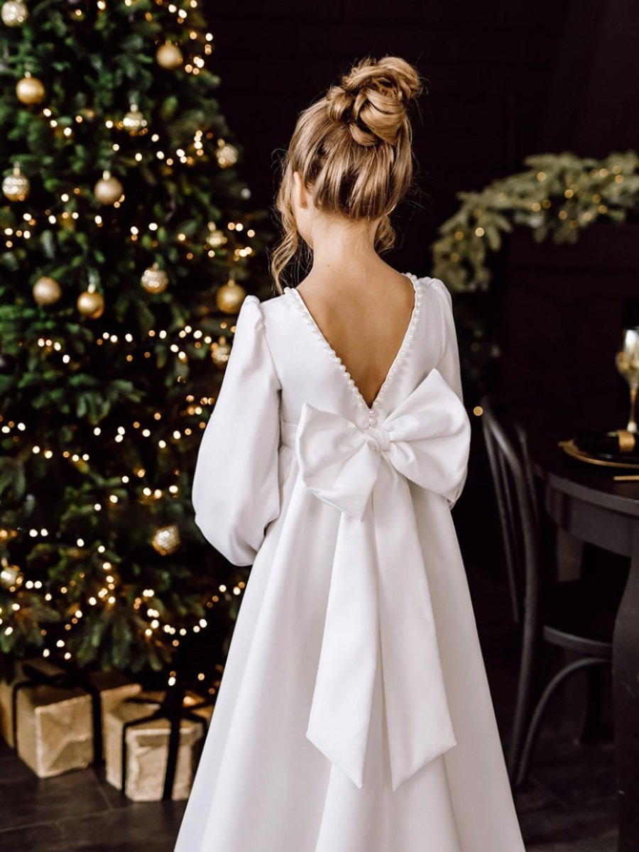 Robes de Demoiselle D'Honneur A-Line/Princess à Col Rond et Manches Longues avec Perles et Nœud