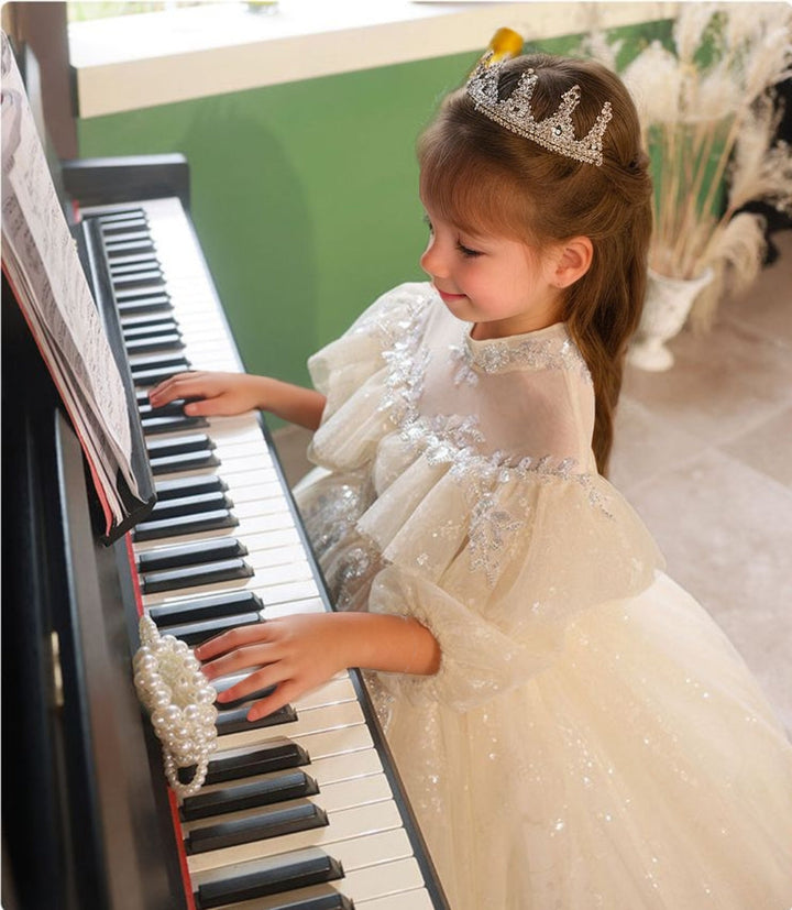 Robe de Demoiselle D'Honneur en Dentelle à Manches 3/4 et Col Haut, Coupe Trapèze/Princesse, avec Appliques en Strass