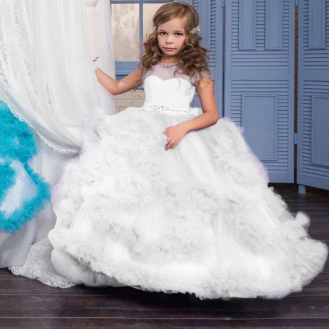 Robe de Bal à Volants Superposés pour Fille de Fleur avec Strass