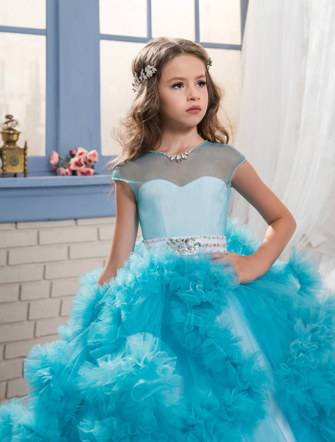 Robe de Bal à Volants Superposés pour Fille de Fleur avec Strass