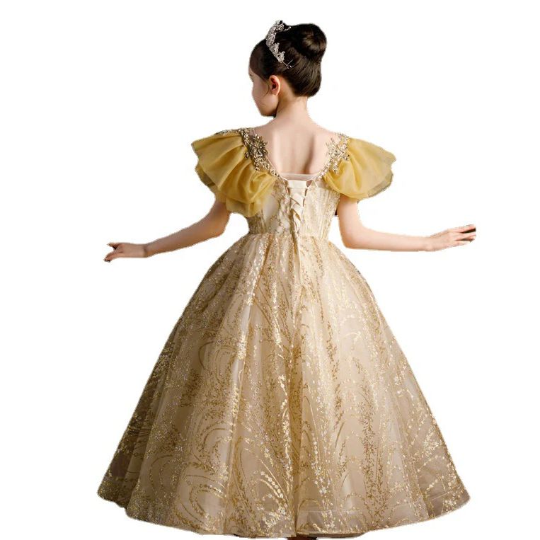 Robe de Soirée Trapèze/Princesse à Manches Volantées pour Fille avec Appliques en Strass