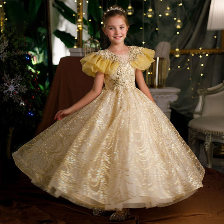 Robe de Soirée Trapèze/Princesse à Manches Volantées pour Fille avec Appliques en Strass