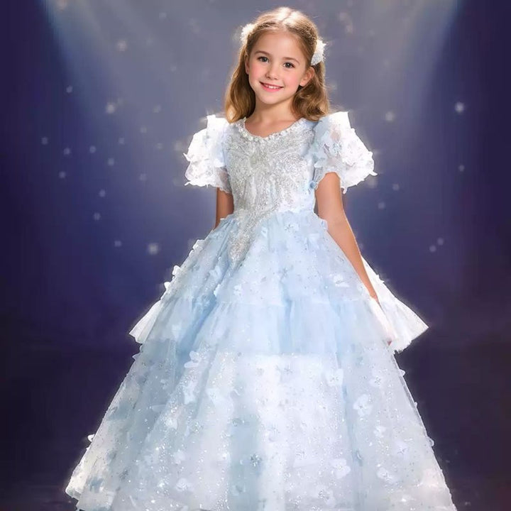 Robe de Soirée Princesse à Col Rond et Manches Courtes pour Fille avec Perles et Appliques en Strass