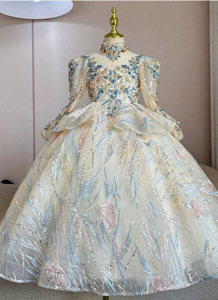 Robes de Demoiselle D'Honneur à Col Haut et Manches Longues avec Broderies et Appliques en Strass