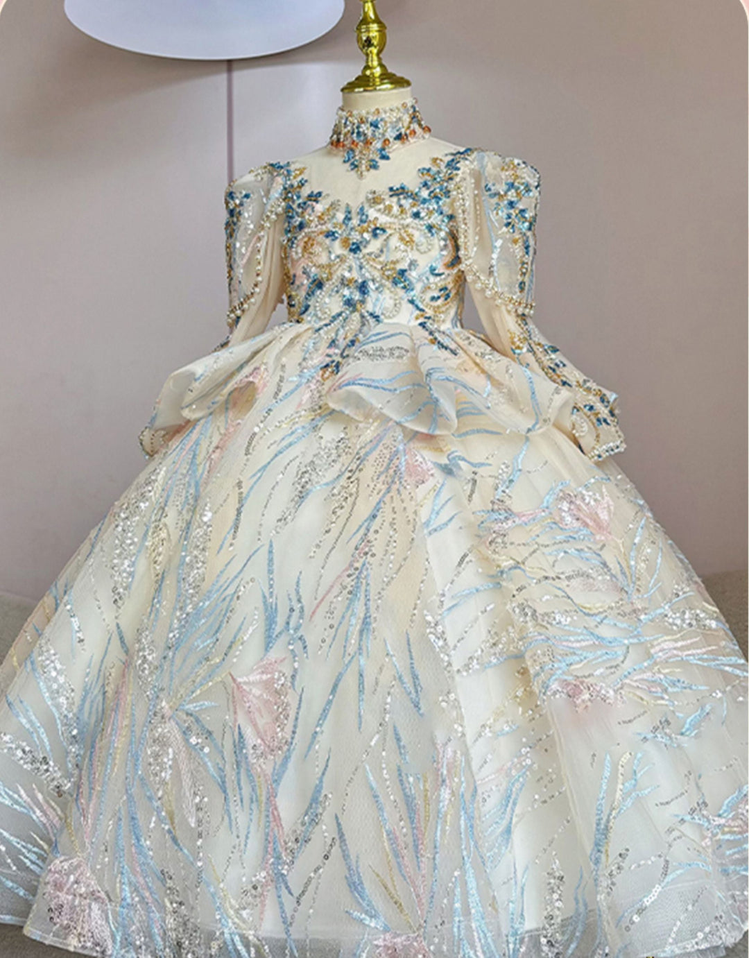 Robes de Demoiselle D'Honneur à Col Haut et Manches Longues avec Broderies et Appliques en Strass