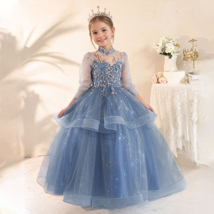 Robe de Soirée à Manches Longues, Coupe Trapèze/Princesse, Col Haut, avec Appliques en Strass