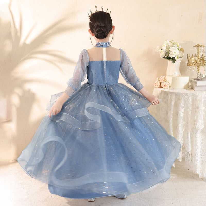 Robe de Soirée à Manches Longues, Coupe Trapèze/Princesse, Col Haut, avec Appliques en Strass