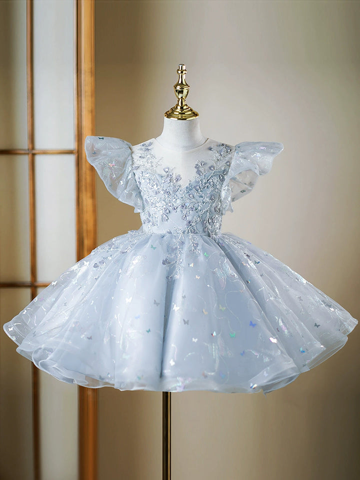 Robe de Soirée pour Fille à Manches Courtes et Col Rond avec Appliques en Cristal